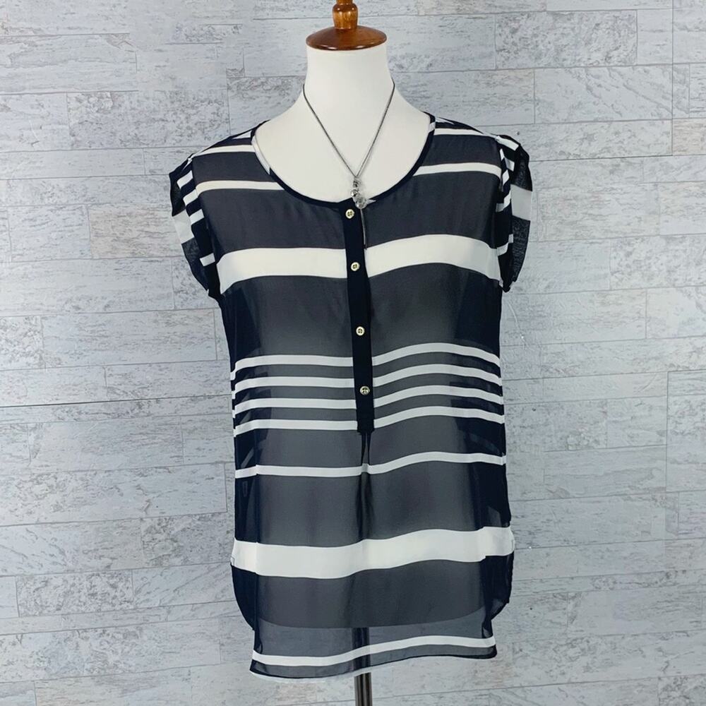 LOFT blue striped sheer cap sleeve blouse navy white business casual